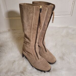 Vtg Chic Tan Suede Leather & Shearling Knee High Heeled Boots